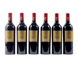 six bottles of red wine are lined up on a white surface