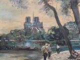 an oil painting of people walking along a river with a castle in the background