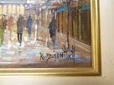 a painting of people walking down the street in the rain