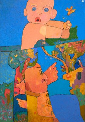 a painting of a baby with a bird on it ' s head