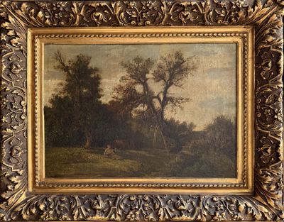 une peinture à l'huile représentant un paysage boisé avec une vache au premier plan