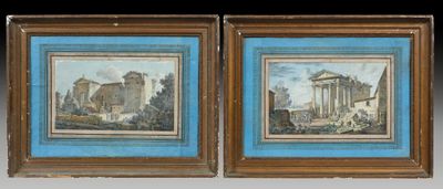 two framed paintings of a building and a building with a blue background
