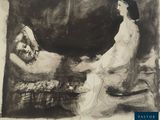 une image représentant le dessin d'une femme assise devant une vache