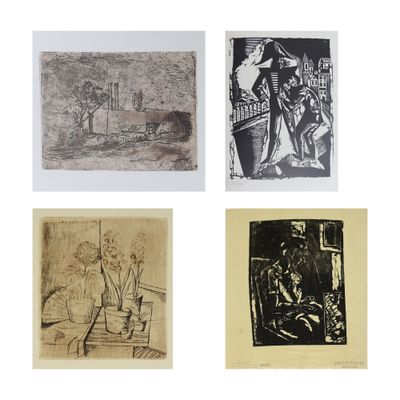 quatre dessins en noir et blanc représentant des personnes assises sur un banc