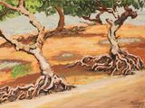 un tableau représentant un groupe d'arbres dans un champ