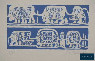 un dessin d'éléphants en bleu et blanc sur un mur