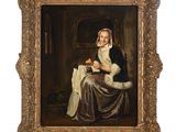 un vieux tableau représentant une femme assise sur une chaise avec un chat