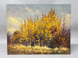 a painting of a painting of a field with trees in the background