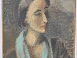 an old painting of a woman with a blue scarf