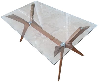 an image of a glass table with wooden legs and a glass top