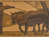 un tableau représentant un homme et un cheval tirant une charrette