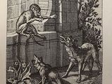 an old black and white drawing of a man with a dog and a cat