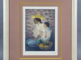 une image représentant un tableau où figurent une femme et un enfant avec un panier de fruits