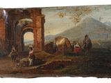 un vieux tableau représentant un groupe de personnes et de chevaux dans un paysage