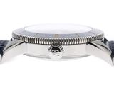 rolex watch on a white background with a black leather strap