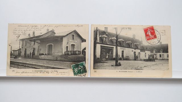 Nouziers : Lot de 2cpa. La Place (HM 1), B.E. + La Gare (HM 3), B...