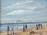 une peinture représentant un groupe de personnes marchant sur la plage