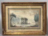 une peinture représentant un paysage avec un bâtiment en arrière-plan