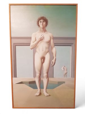 une image représentant un tableau où l'on voit un homme nu debout dans une pièce
