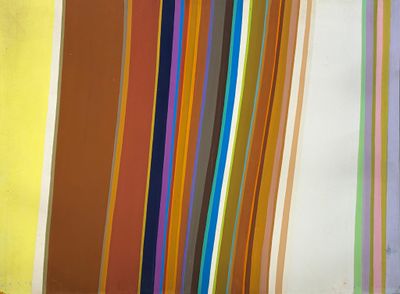 peinture représentant des rayures multicolores sur un mur jaune, avec une borne d'incendie rouge au premier plan