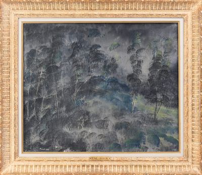 an oil painting of a mountain scene with trees in the foreground