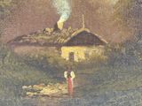 un tableau représentant une femme debout devant une maison