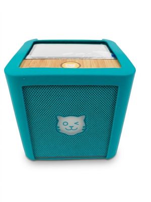 an image of a blue portable speaker with a cat face on it