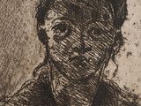 a black and white drawing of a woman ' s face