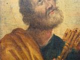 an old painting of a man with a beard holding a wooden instrument