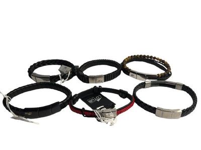 six different bracelets with a metal clasp on a white background