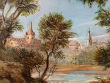 a painting of a village with a river in the foreground