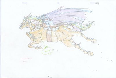 un dessin représentant une femme à cheval, avec un dragon sur le dos