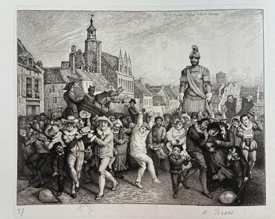an old drawing of a crowd of people gathered around a statue