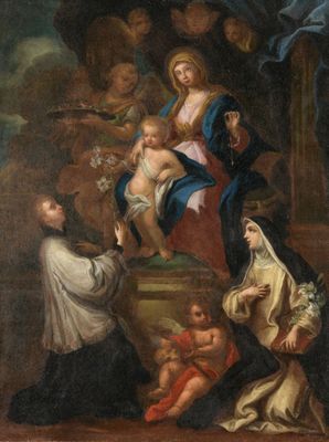 un tableau représentant la Vierge à l'Enfant entourée d'anges