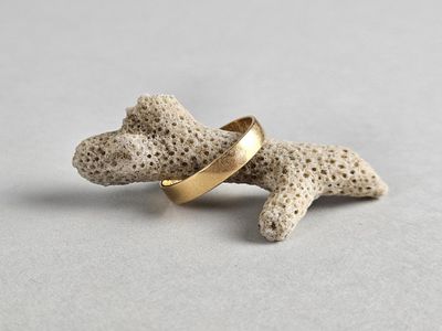 un gros plan d'une bague en or sur laquelle est représenté un chien