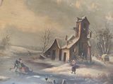 a painting of a winter scene on the wall of a house