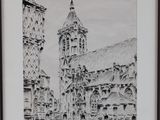 drawing of an old building with a clock tower in the middle of it