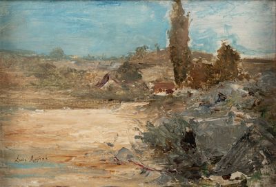 an oil painting of a desert scene with a lone tree in the distance