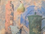 a painting of a painting of a tea pot and a pear