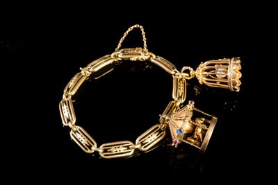 un gros plan sur un bracelet en or orné d'une cage à oiseaux