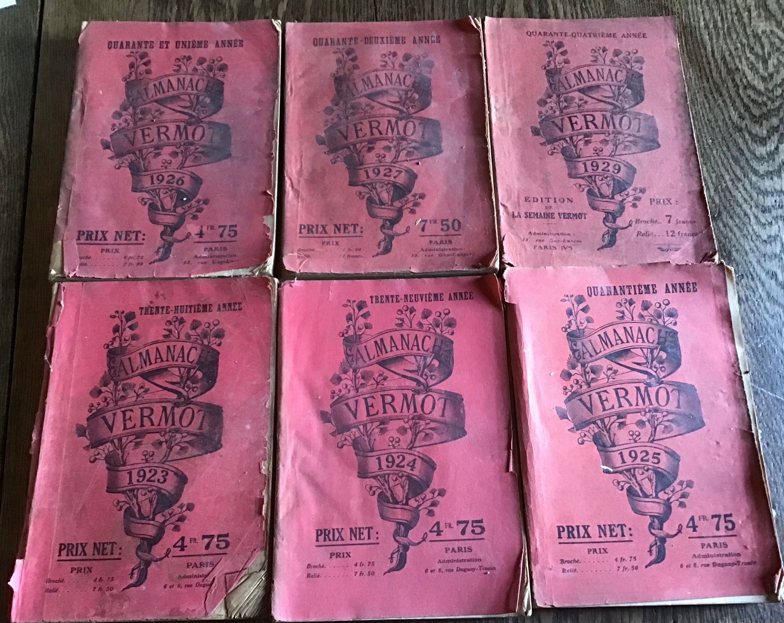 Ensemble de 6 volumes de l’Almanach Vermot 1923,1924,1925,1926.1927 et 1929 État d’usage
