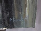 a painting of a black and white picture with blue writing on it