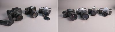 two pictures of a couple of old cameras on a table