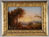 une peinture à l'huile représentant un paysage, dans un cadre doré, accrochée au mur