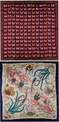 quatre images différentes d'une nappe ornée de papillons