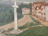 une peinture à l'huile représentant une croix au cœur d'une ville