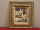tableau représentant une femme assise sur un canapé, dans un cadre doré