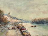 une peinture représentant une rue de la ville avec des voitures