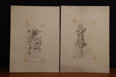 Les musiciens. Deux dessins à l'encre.