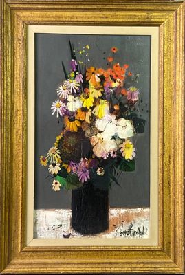 une peinture de fleurs dans un vase sur une table